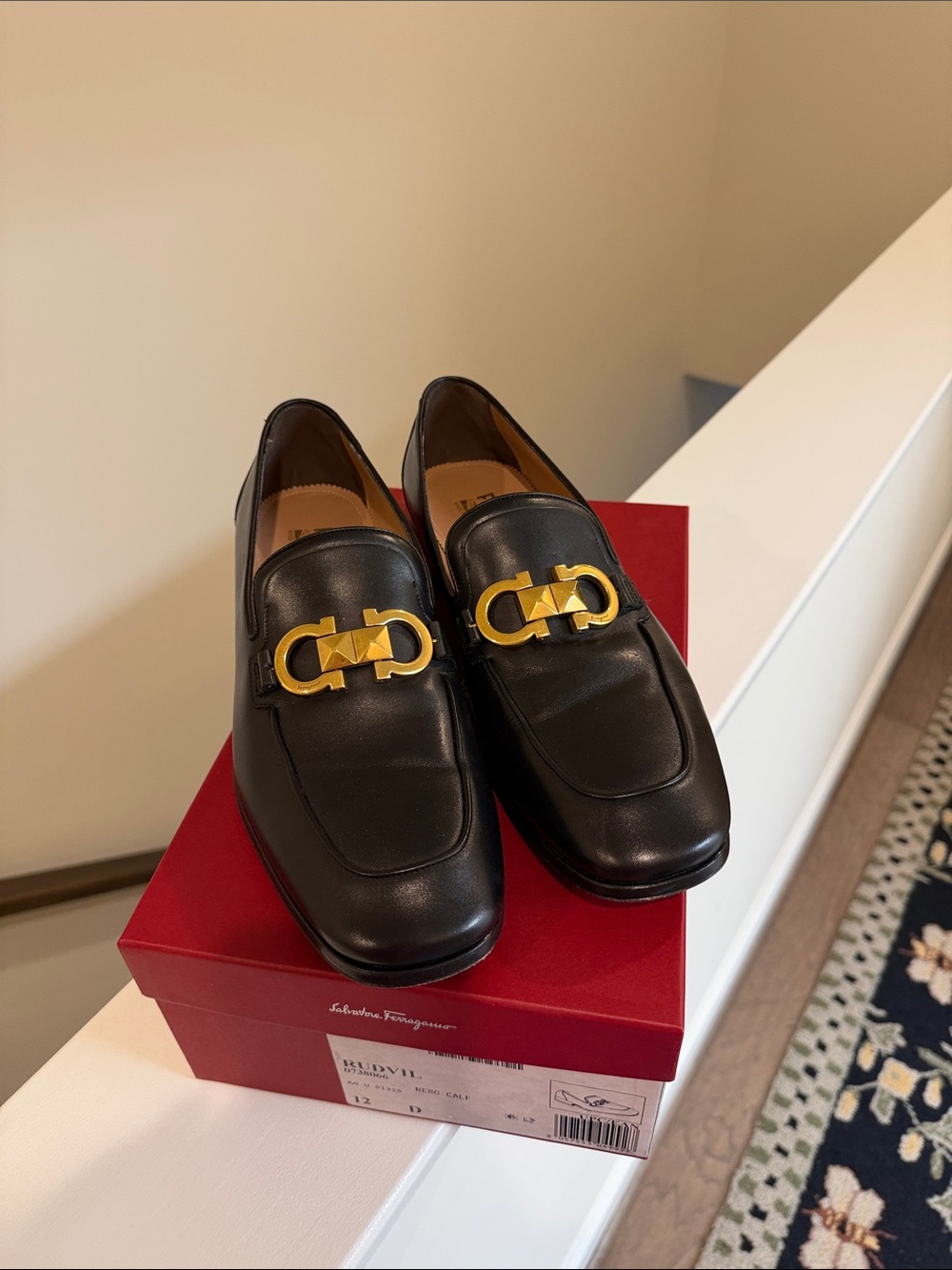 Salvatore Ferragamo Black Leather Loafers with Gold Horsebit